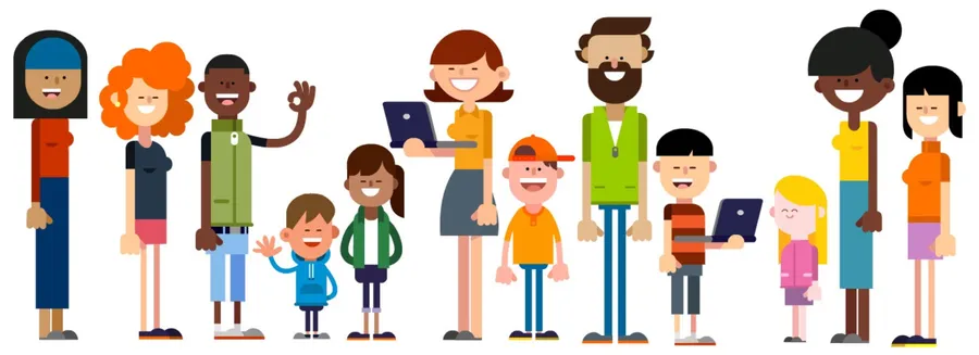 パソコンを持った子どもや大人たちのイラスト